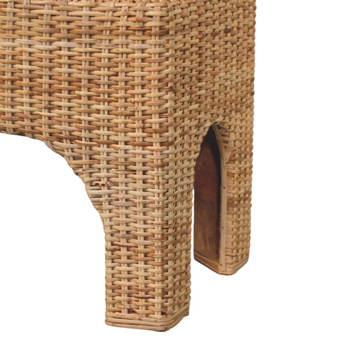 Close view of the woven texture on the Serafina Woven Bench in Natural Rattan and Cream Bouclé.