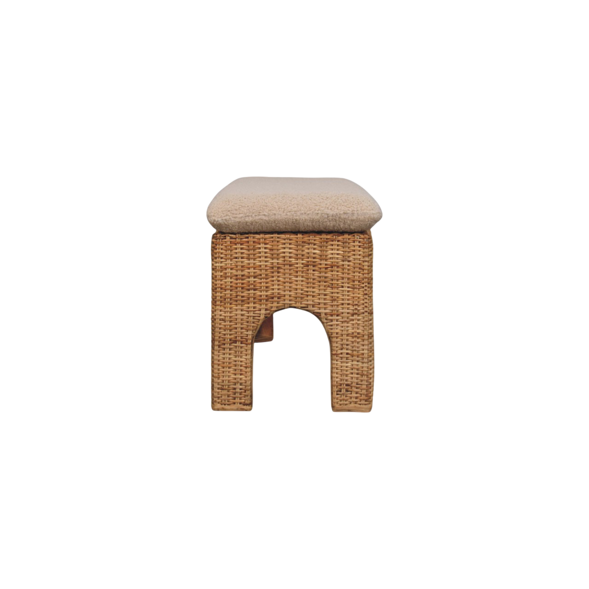 Serafina Woven Bench in Natural Rattan and Cream Bouclé, viewed from the end.
