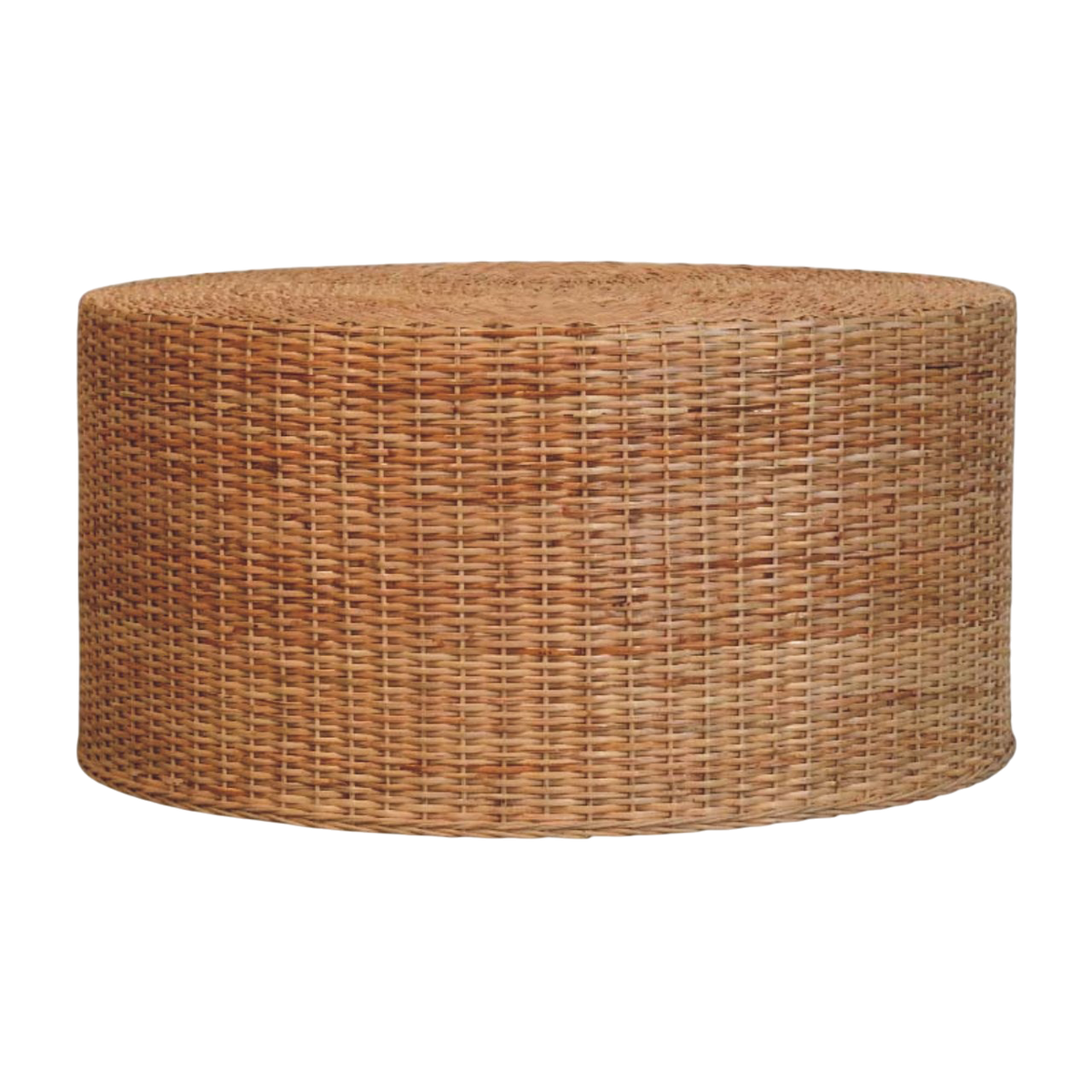 Serafina Woven Drum Table, front view. Handwoven exterior with a smooth circular top.