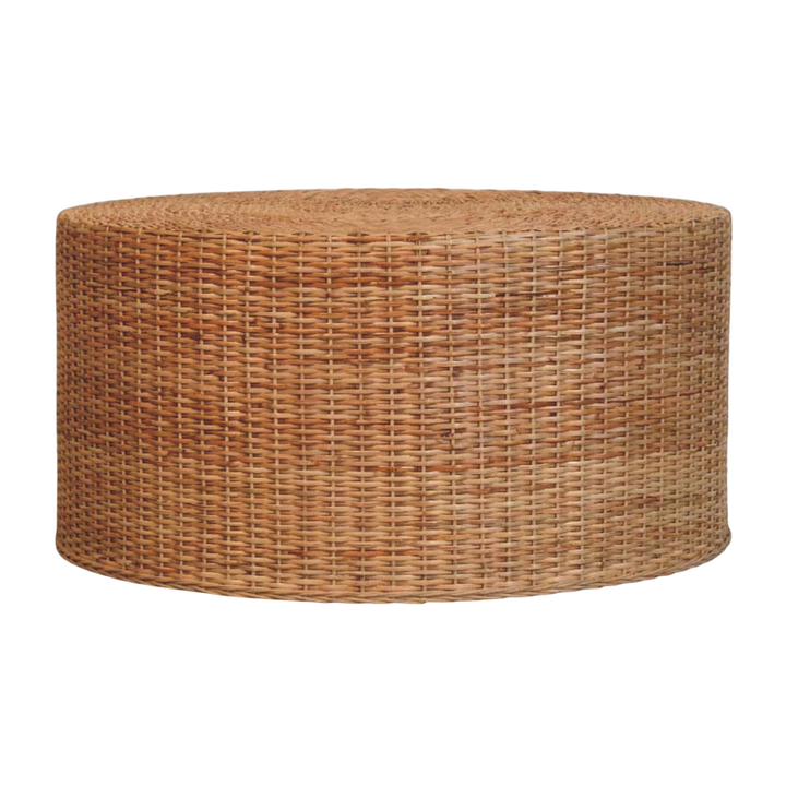 Serafina Woven Drum Table, front view. Handwoven exterior with a smooth circular top.