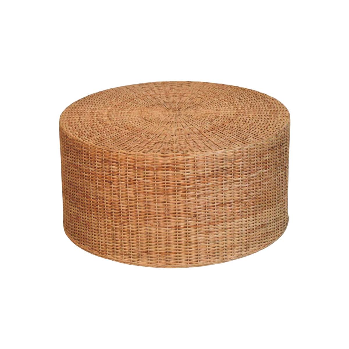 Serafina Woven Drum Table, three-quarter view showing the full profile.