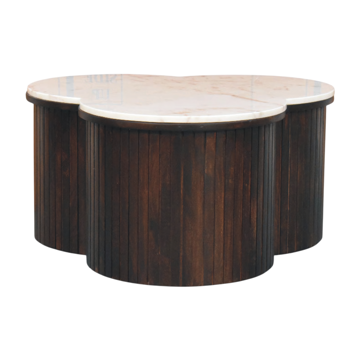 Siena Marble Coffee Table in Espresso, front view. Solid hardwood base in an espresso finish, three-lobed trefoil shape with fluting to the sides.