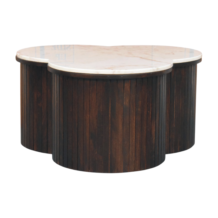 Siena Marble Coffee Table in Espresso, front view. Solid hardwood base in an espresso finish, three-lobed trefoil shape with fluting to the sides.
