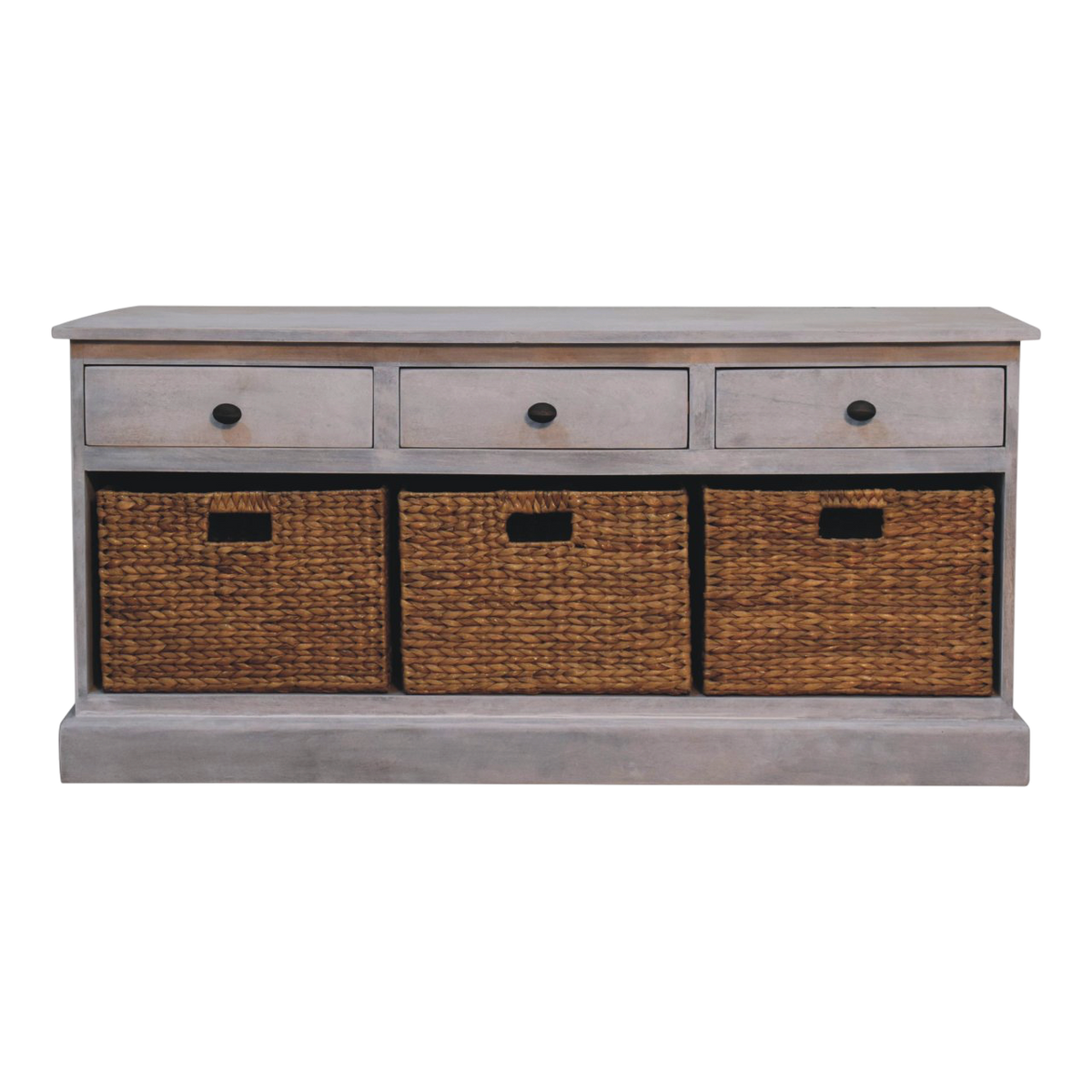 Sigtuna Basket Media Unit in Stone, front view. Solid hardwood in a weathered stone finish, three drawers over three handwoven wicker baskets.