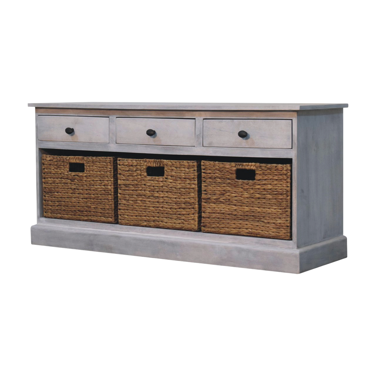 Sigtuna Basket Media Unit in Stone, three-quarter view showing the full profile.