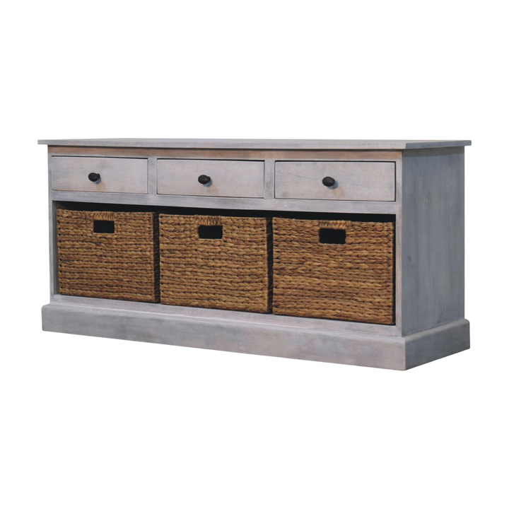 Sigtuna Basket Media Unit in Stone, three-quarter view showing the full profile.