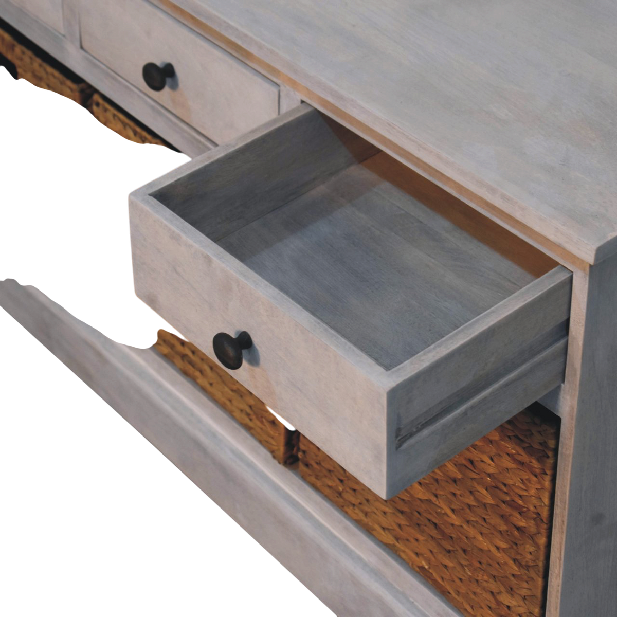 Sigtuna Basket Media Unit in Stone, shown with a drawer open.