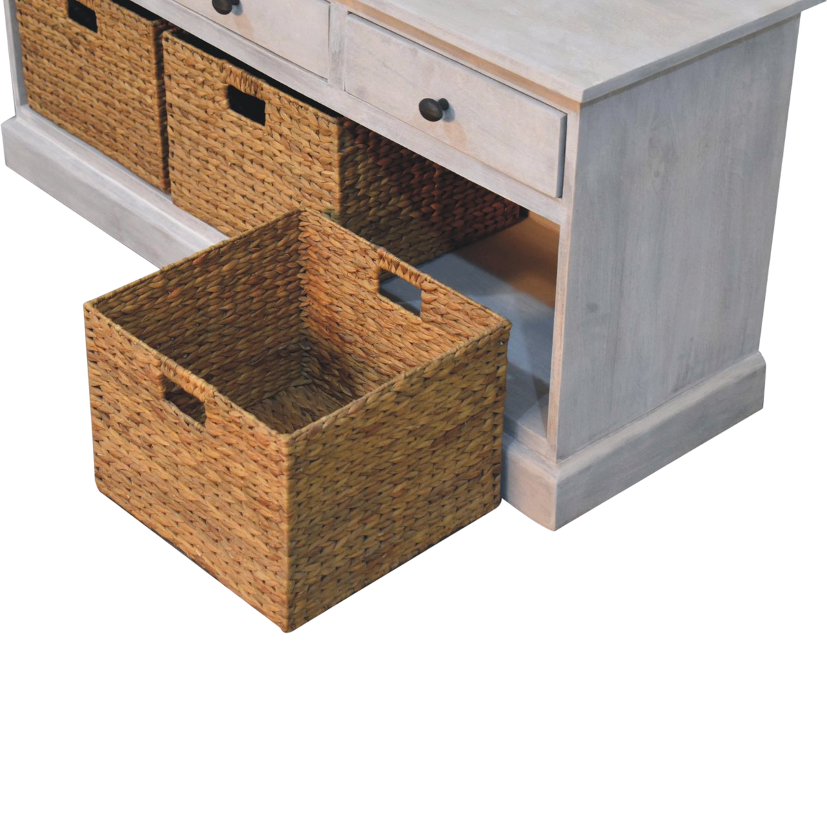 Close view of the weave on the Sigtuna Basket Media Unit in Stone.