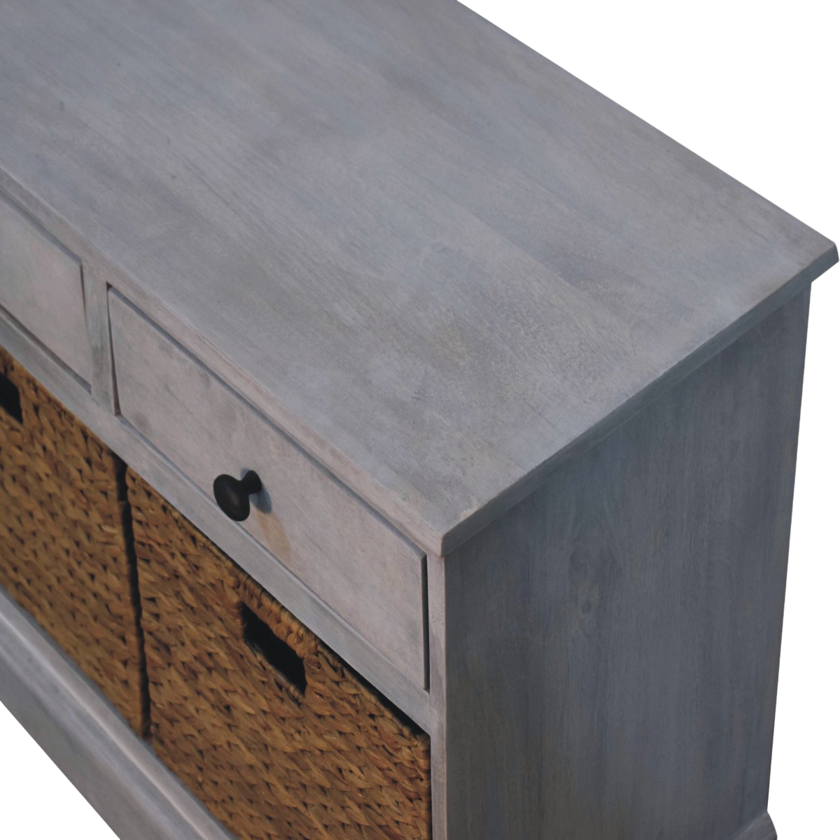 Close view of the top on the Sigtuna Basket Media Unit in Stone.