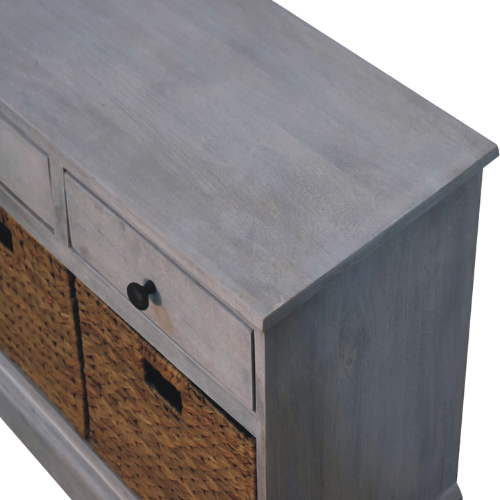 Close view of the top on the Sigtuna Basket Media Unit in Stone.