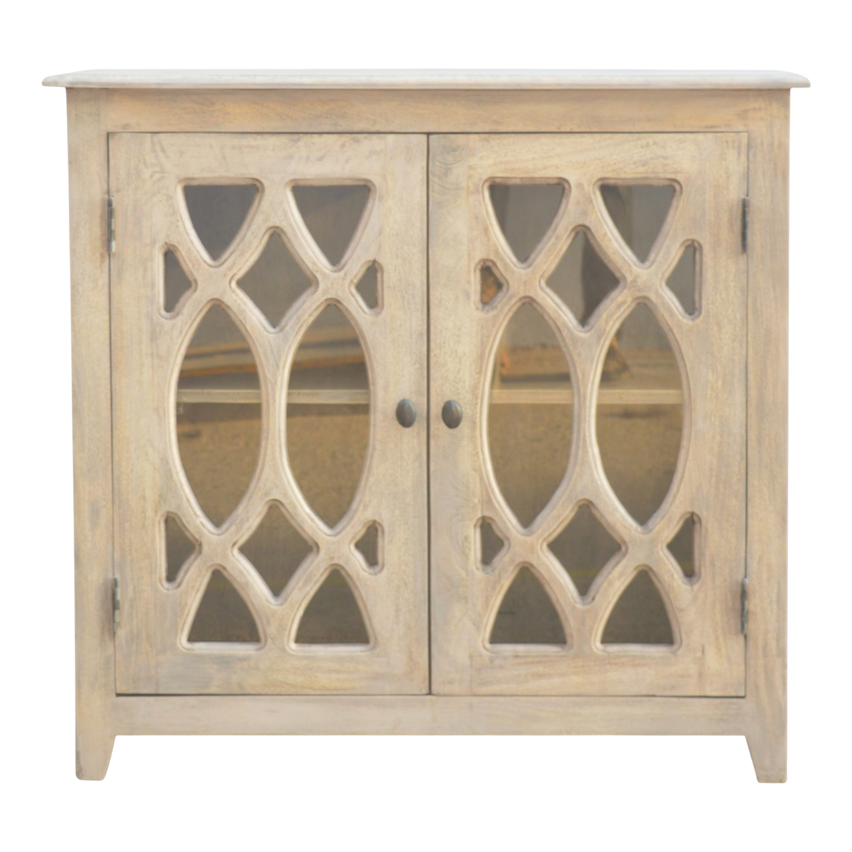 Sigtuna Compact Glazed Sideboard in Stone, front view. 100% solid hardwood in a weathered stone finish, six open slots, three drawers, two glazed cupboards.