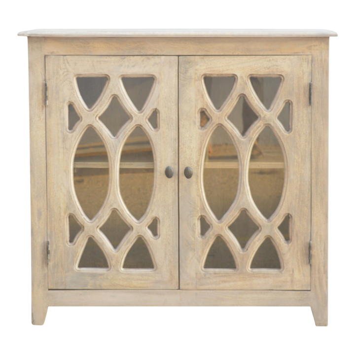 Sigtuna Compact Glazed Sideboard in Stone, front view. 100% solid hardwood in a weathered stone finish, six open slots, three drawers, two glazed cupboards.