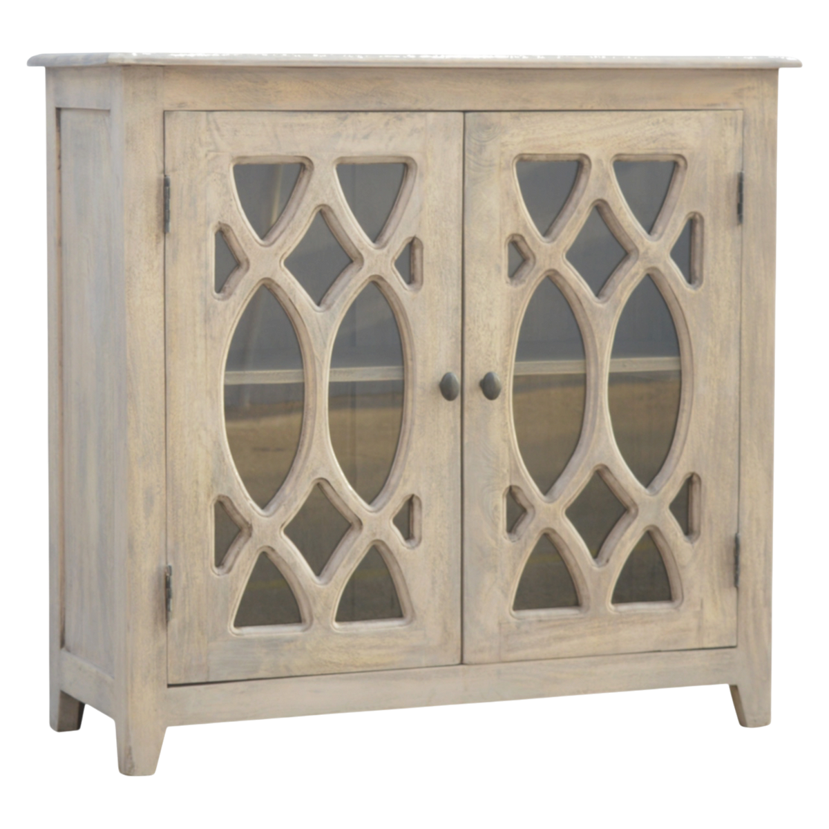 Sigtuna Compact Glazed Sideboard in Stone, three-quarter view showing the full profile.