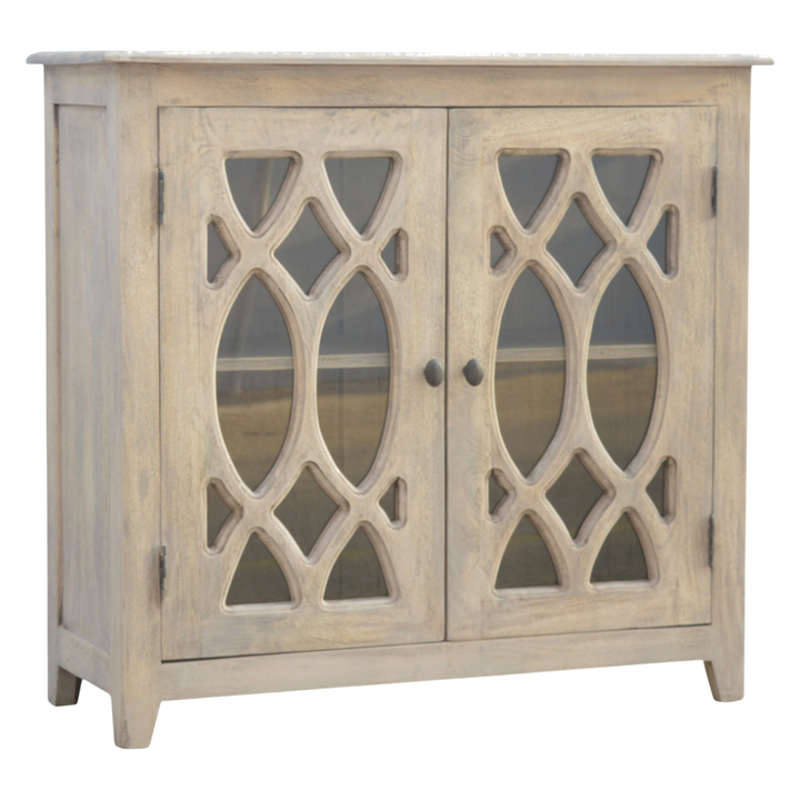 Sigtuna Compact Glazed Sideboard in Stone, three-quarter view showing the full profile.