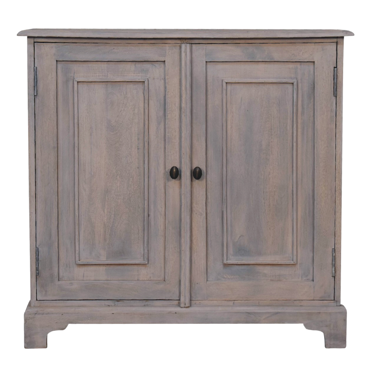 Sigtuna Country Cabinet in Stone, front view. 100% solid hardwood in a weathered stone finish, built up in stages, two doors, round brass knobs.