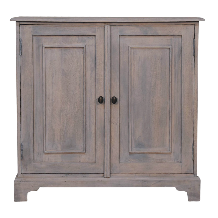 Sigtuna Country Cabinet in Stone, front view. 100% solid hardwood in a weathered stone finish, built up in stages, two doors, round brass knobs.