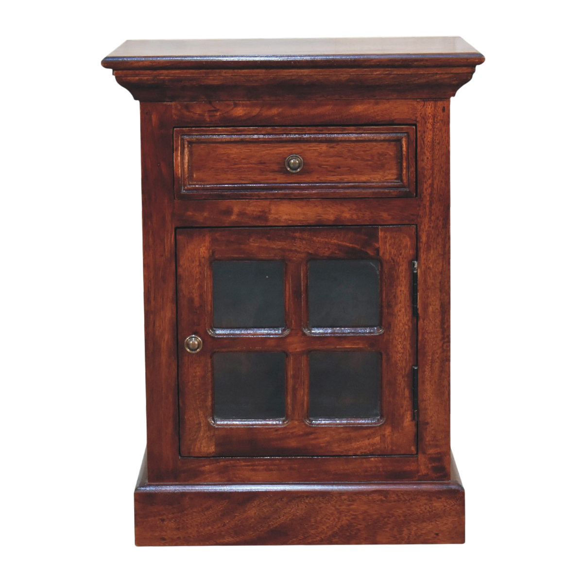 Sigtuna Glazed Bedside Cabinet in Russet, front view. Solid hardwood in a russet finish, single glazed door, interior shelf, brass knobs.