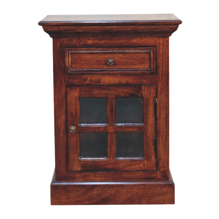 Sigtuna Glazed Bedside Cabinet in Russet, front view. Solid hardwood in a russet finish, single glazed door, interior shelf, brass knobs.