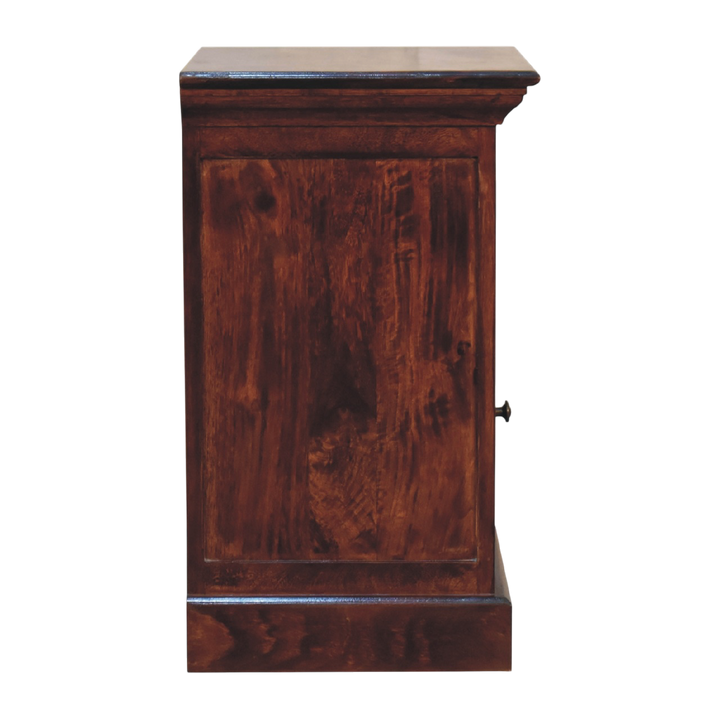 Sigtuna Glazed Bedside Cabinet in Russet, side view showing the depth.