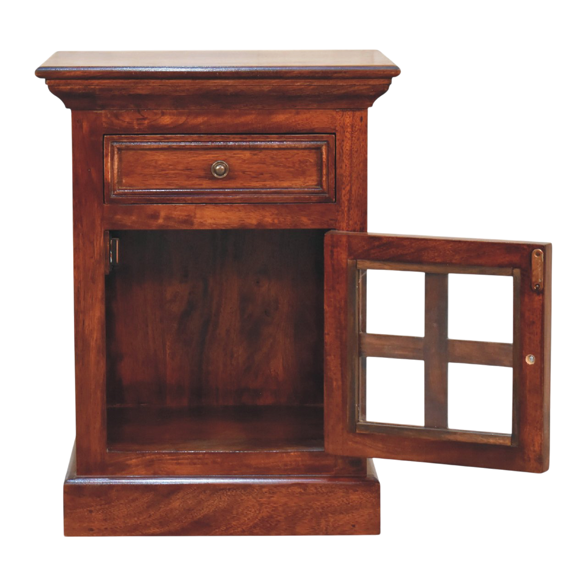 Sigtuna Glazed Bedside Cabinet in Russet, shown with the doors open.