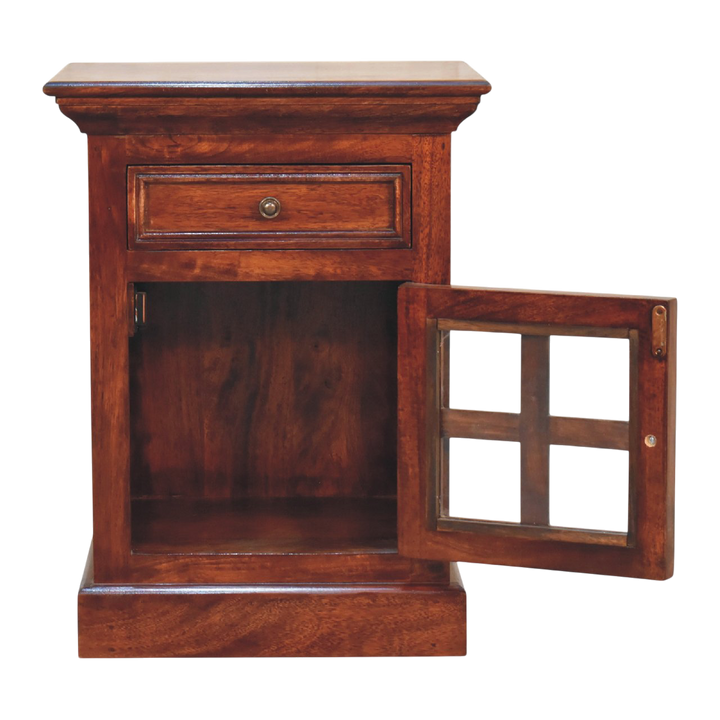 Sigtuna Glazed Bedside Cabinet in Russet, shown with the doors open.