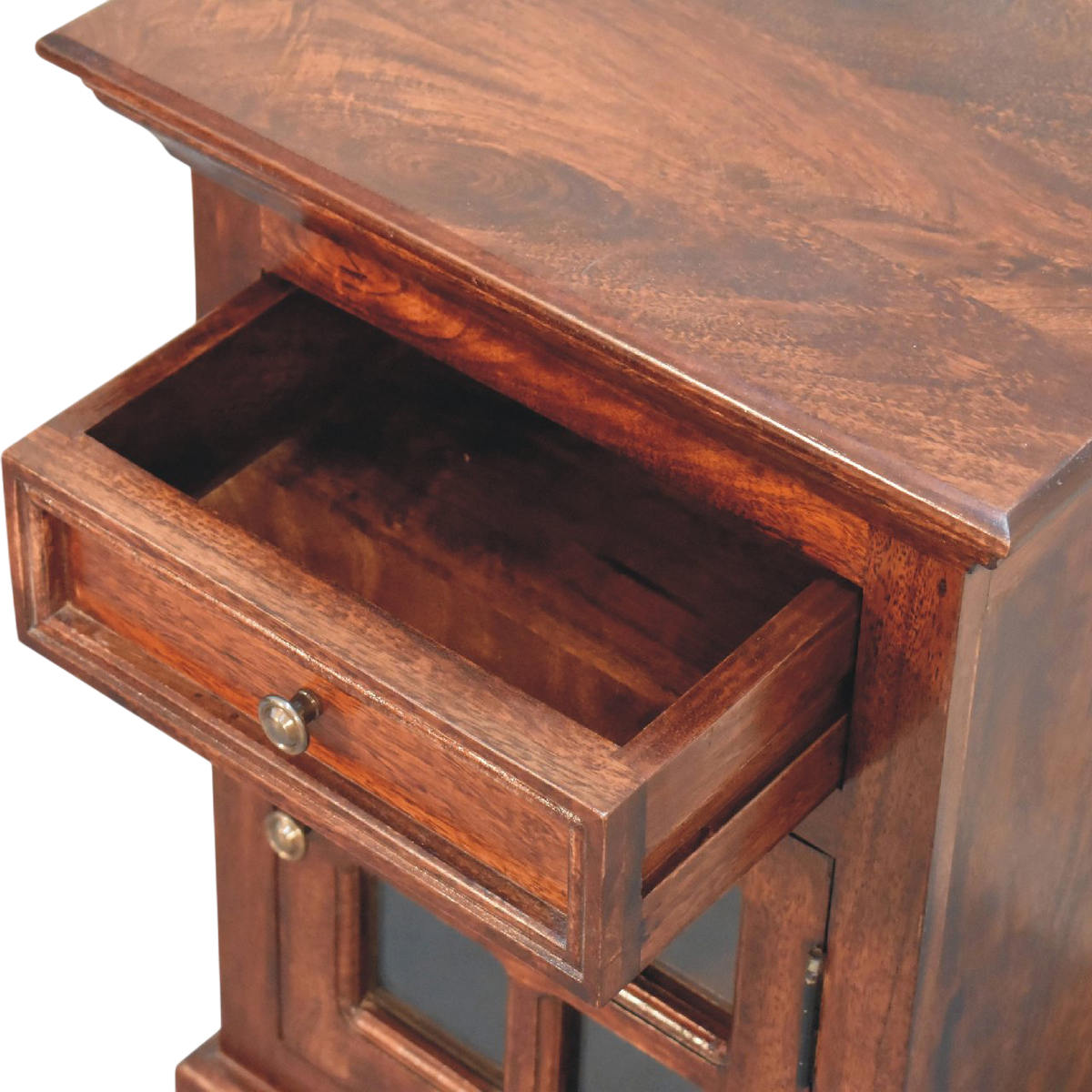 Sigtuna Glazed Bedside Cabinet in Russet, shown with a drawer open.