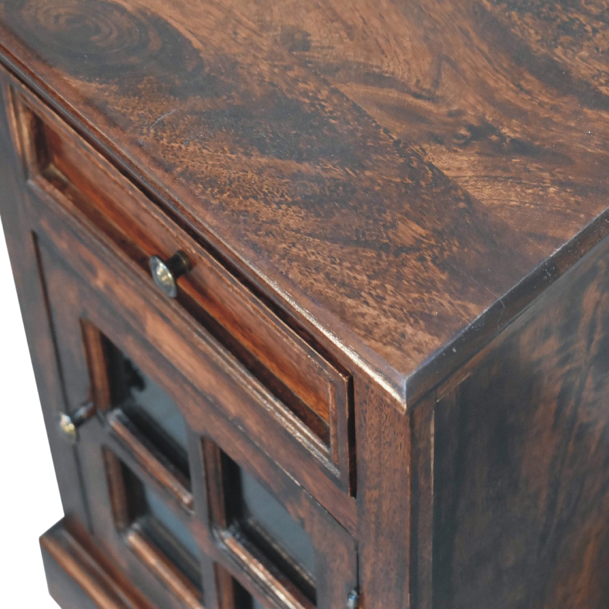 Close view of the glazing on the Sigtuna Glazed Bedside Cabinet in Russet.