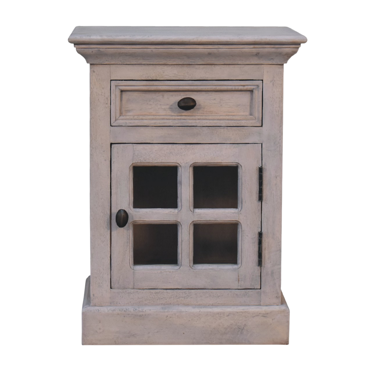 Sigtuna Glazed Bedside Table in Stone, front view. Stone-finished hardwood with a glazed door and brass knob.