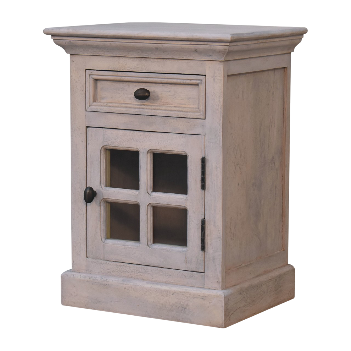 Sigtuna Glazed Bedside Table in Stone, three-quarter view showing the full profile.