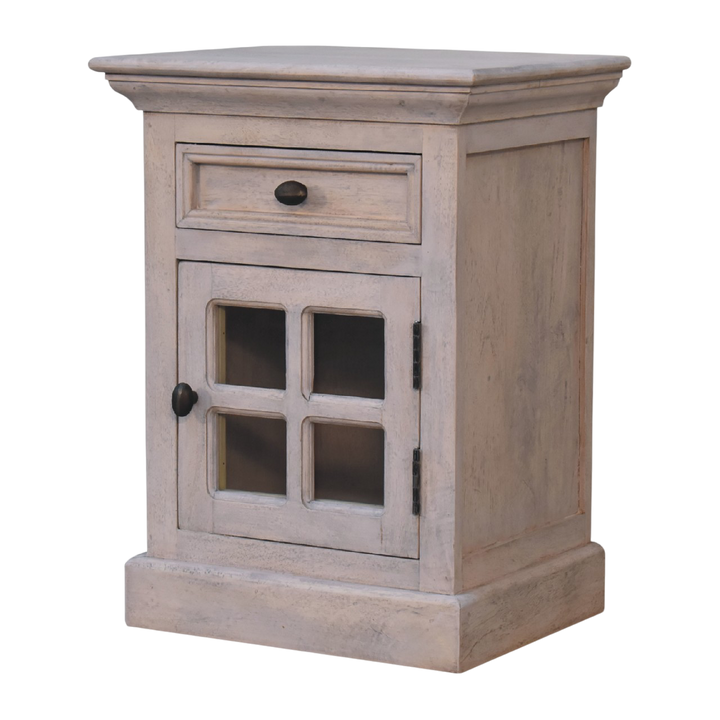 Sigtuna Glazed Bedside Table in Stone, three-quarter view showing the full profile.