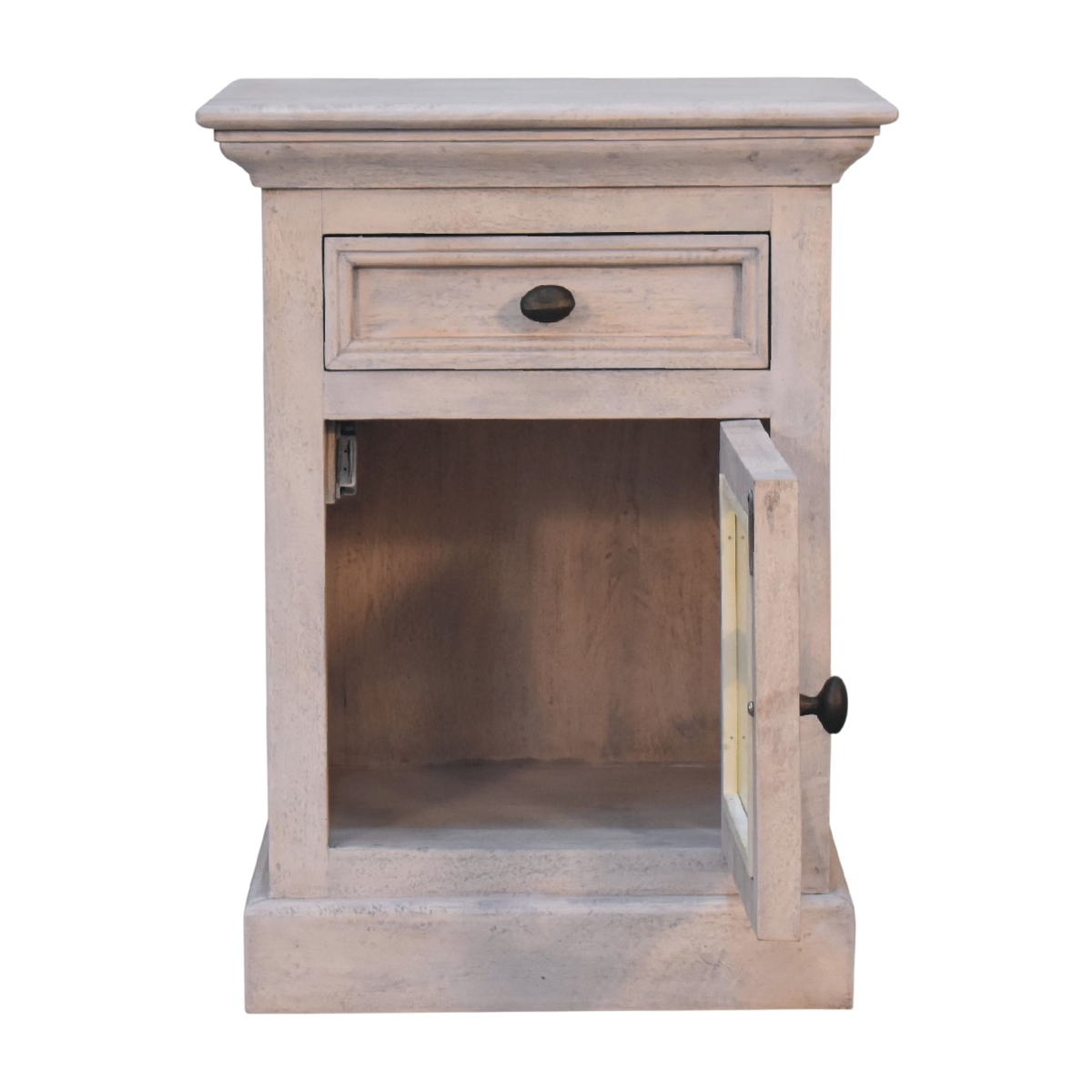 Sigtuna Glazed Bedside Table in Stone, shown with the door open.