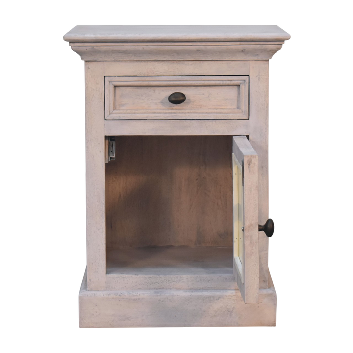 Sigtuna Glazed Bedside Table in Stone, shown with the door open.