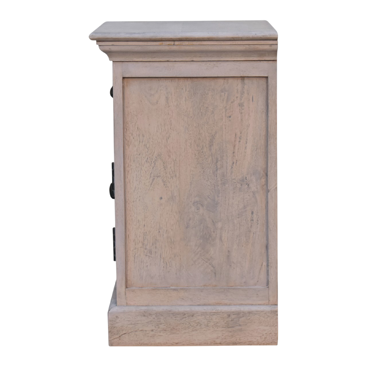 Sigtuna Glazed Bedside Table in Stone, side view showing the depth.