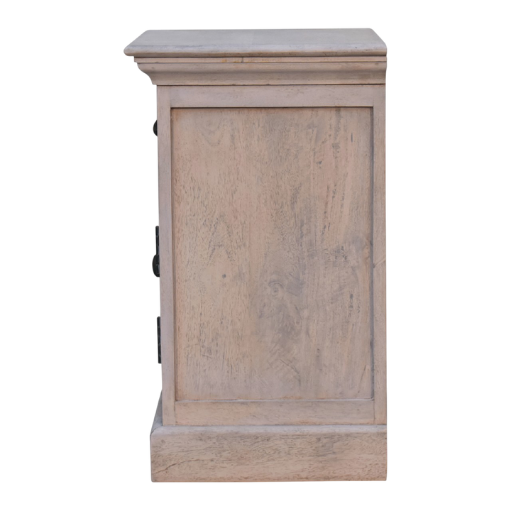 Sigtuna Glazed Bedside Table in Stone, side view showing the depth.
