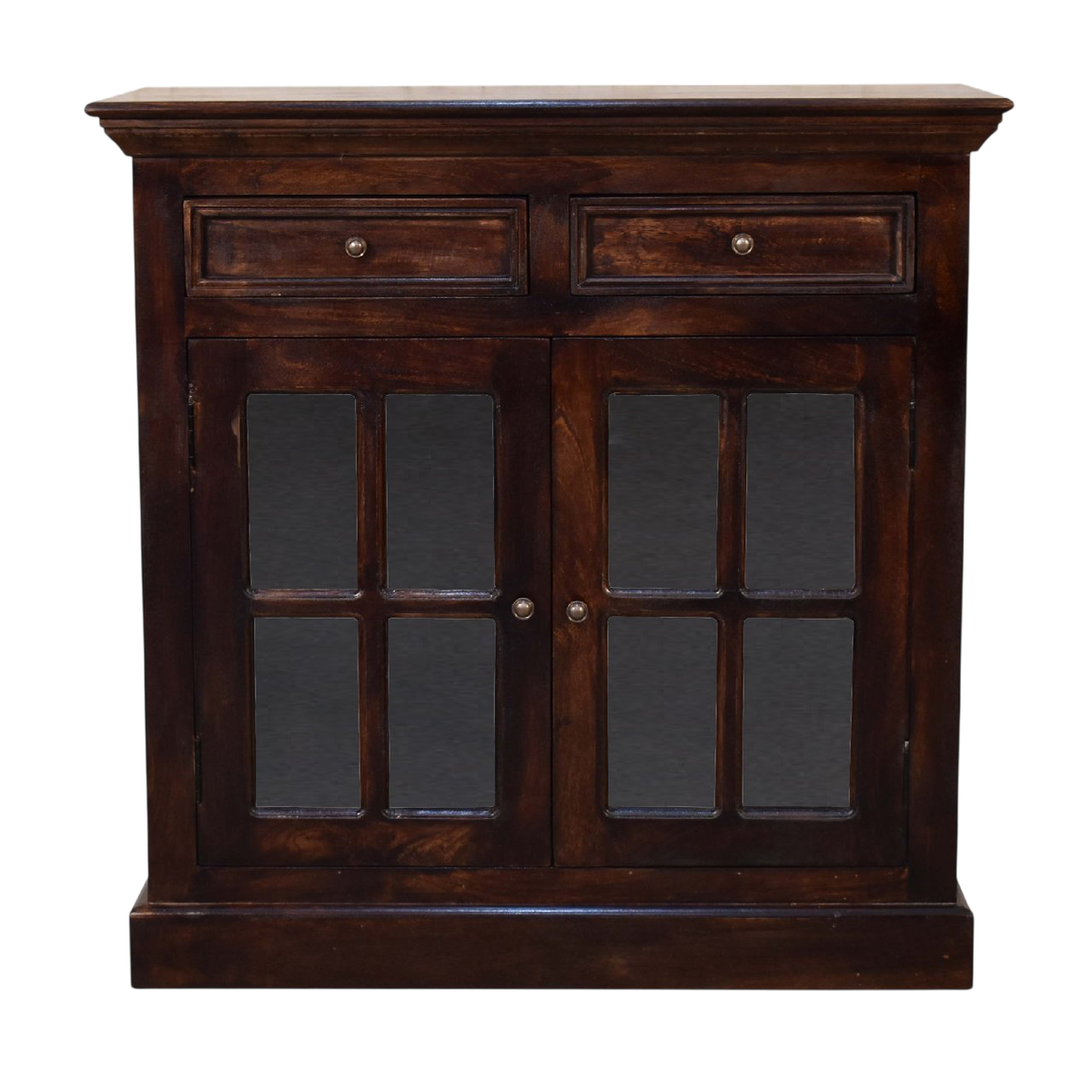 Sigtuna Glazed Cabinet in Cocoa, front view. Cocoa-finished hardwood with glazed doors and brass knobs.