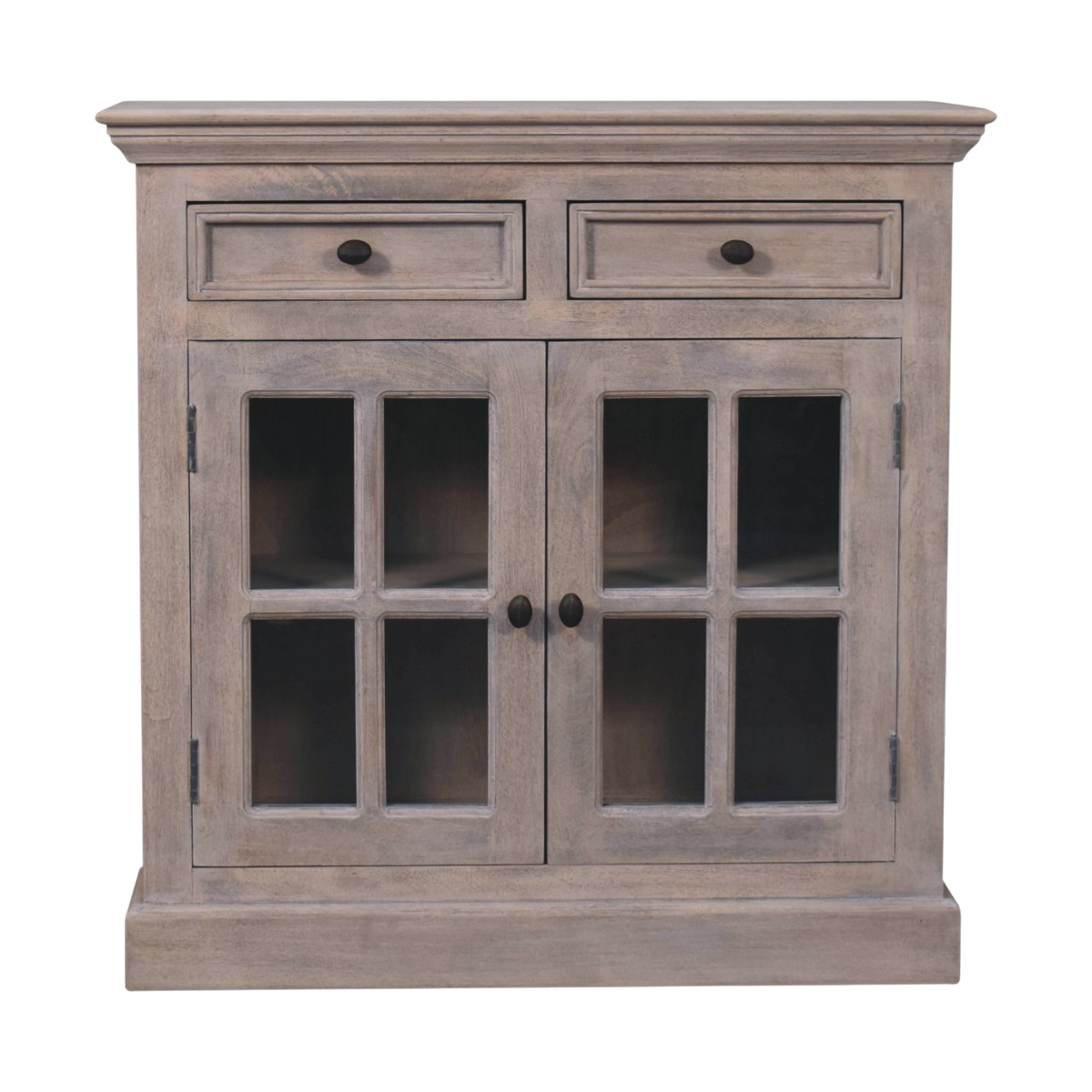 Sigtuna Glazed Cabinet in Stone, front view. Stone-finished hardwood with glazed doors and brass knobs.