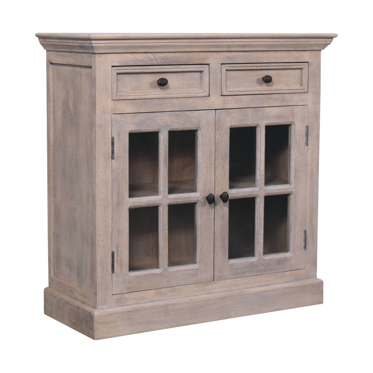 Sigtuna Glazed Cabinet in Stone, three-quarter view showing the full profile.