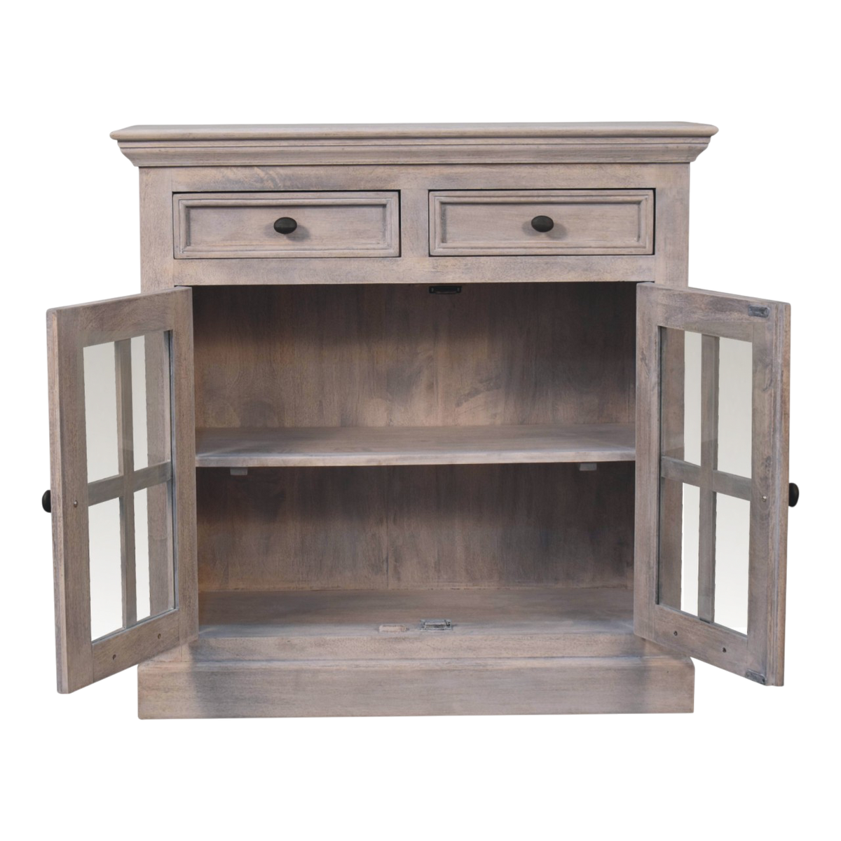 Sigtuna Glazed Cabinet in Stone, shown with the doors open, revealing the interior shelving.