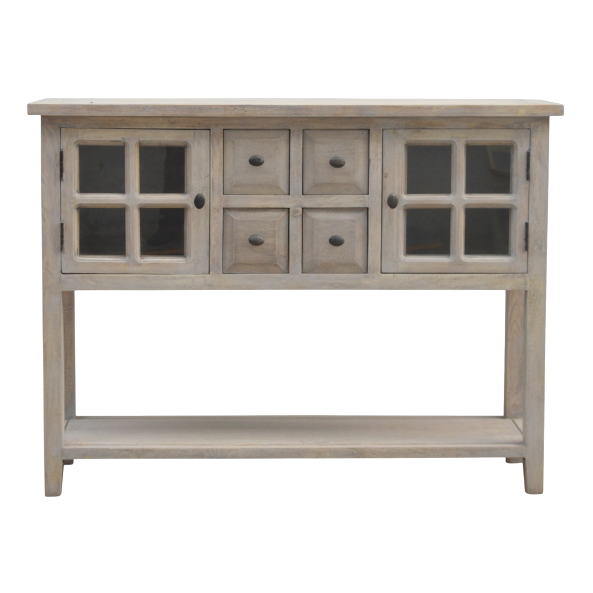 Sigtuna Glazed Console Table in Stone, front view. 100% solid hardwood in a weathered stone finish, four drawers, two glazed cupboards with interior shelves.