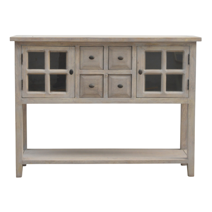 Sigtuna Glazed Console Table in Stone, front view. 100% solid hardwood in a weathered stone finish, four drawers, two glazed cupboards with interior shelves.