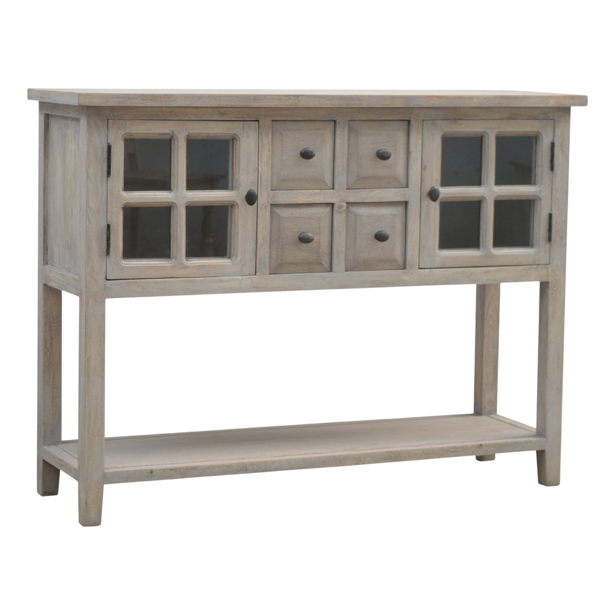 Sigtuna Glazed Console Table in Stone, three-quarter view showing the full profile.