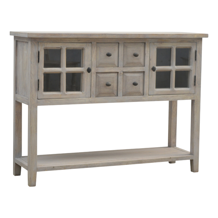 Sigtuna Glazed Console Table in Stone, three-quarter view showing the full profile.