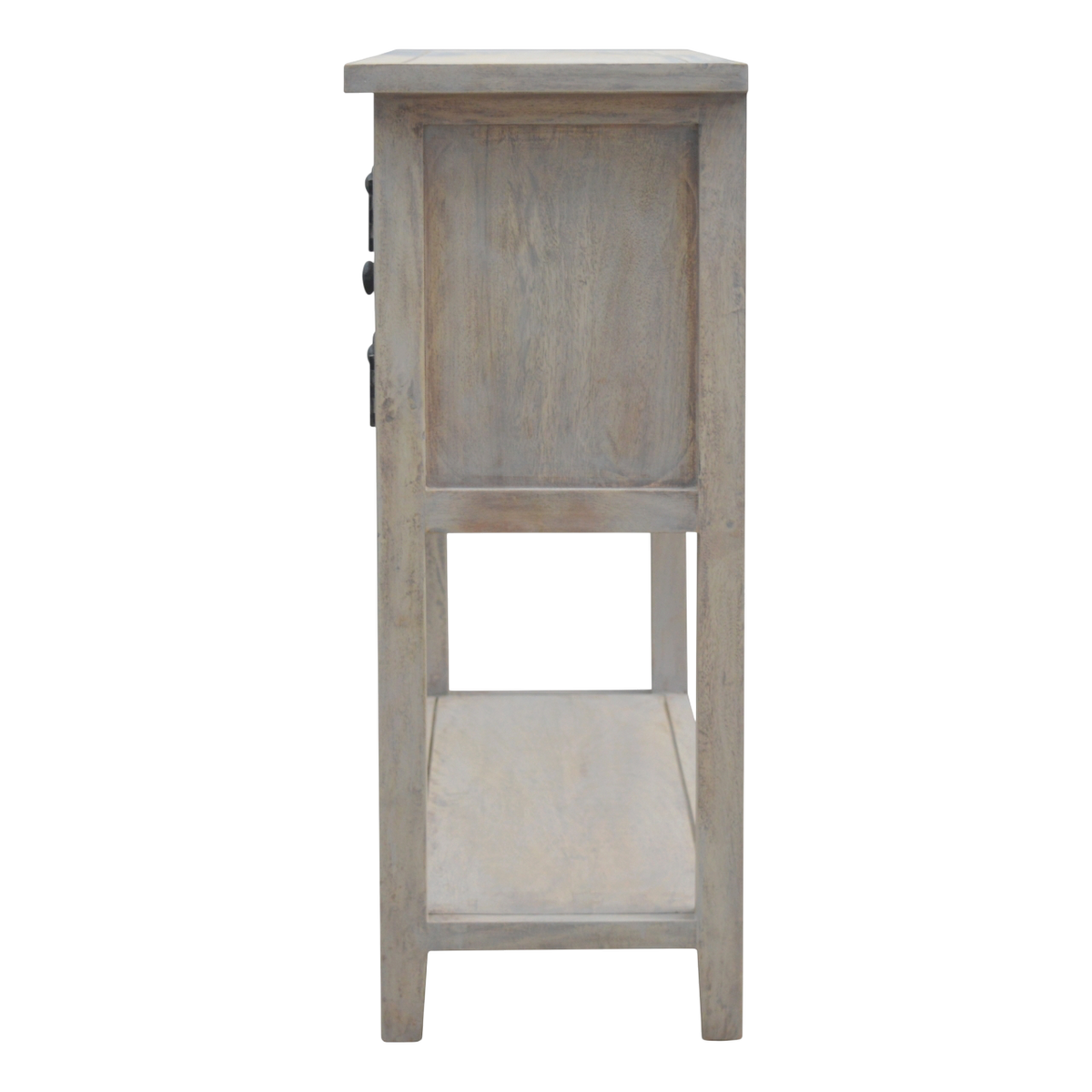 Sigtuna Glazed Console Table in Stone, side view showing the depth.
