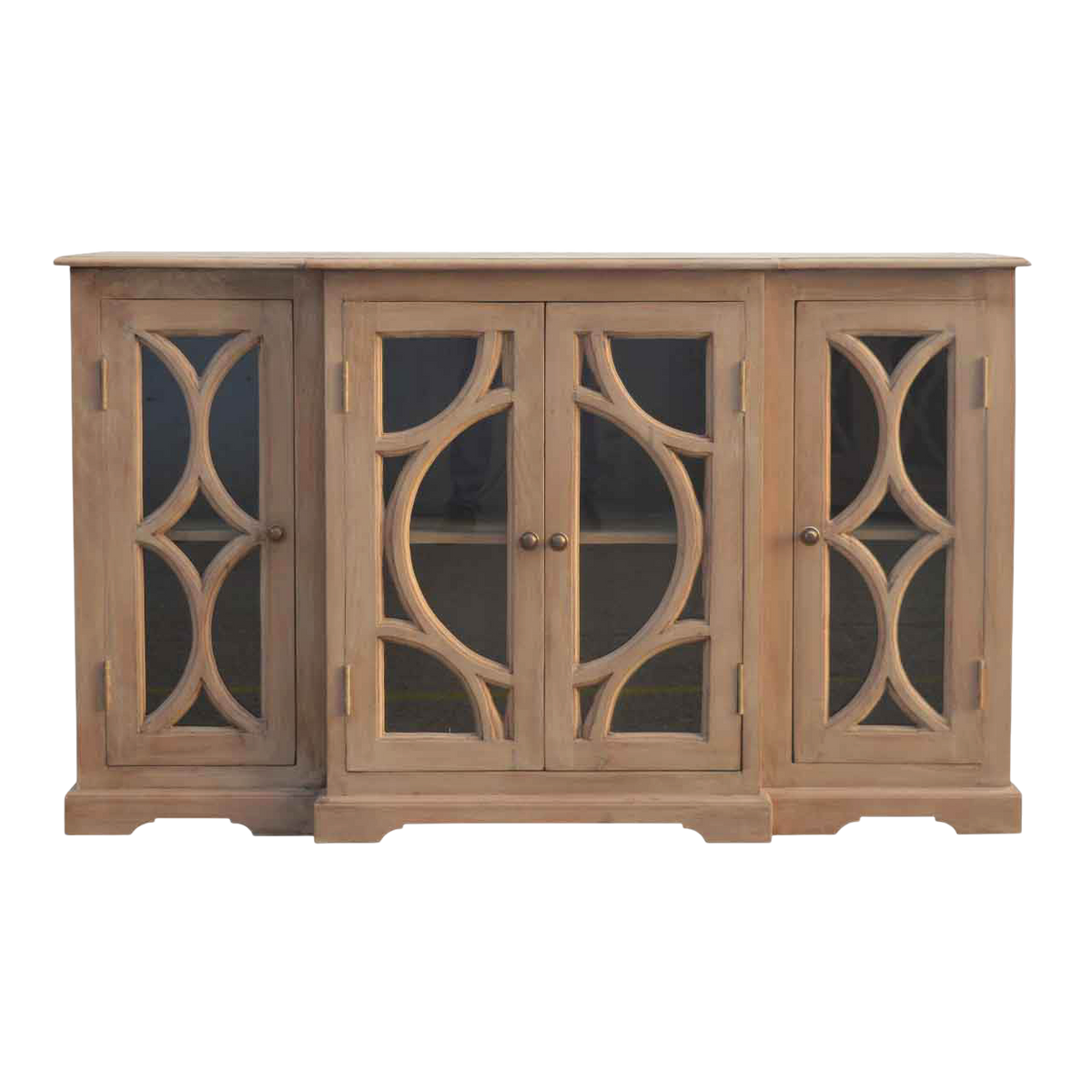 Sigtuna Glazed Media Unit in Salt, front view. 100% solid hardwood in a pale bleached salt finish, four glazed doors in a patterned timber frame, round knobs.