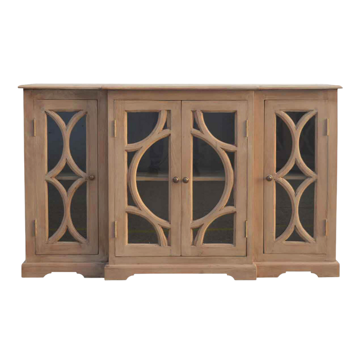 Sigtuna Glazed Media Unit in Salt, front view. 100% solid hardwood in a pale bleached salt finish, four glazed doors in a patterned timber frame, round knobs.