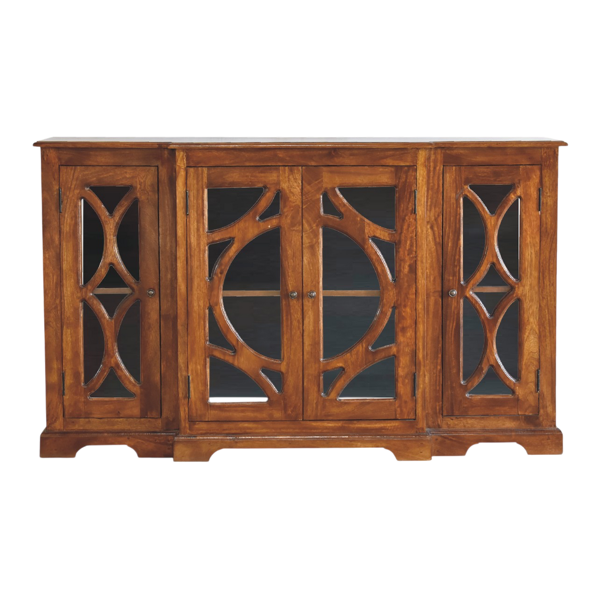Sigtuna Glazed Sideboard in Chestnut, front view. 100% solid hardwood in a chestnut finish, four glazed doors in a patterned timber frame, interior shelving.