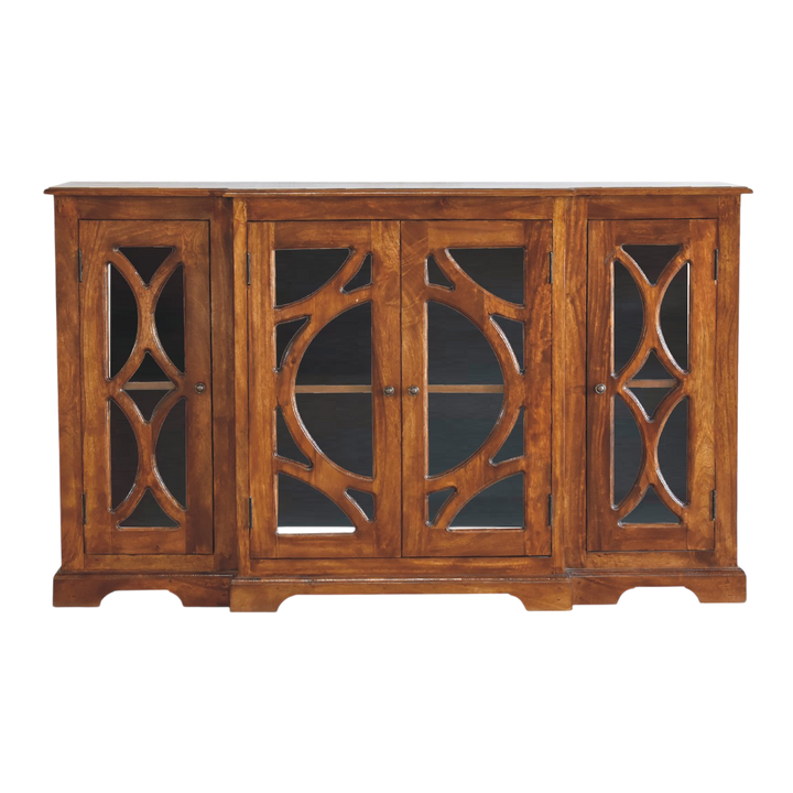 Sigtuna Glazed Sideboard in Chestnut, front view. 100% solid hardwood in a chestnut finish, four glazed doors in a patterned timber frame, interior shelving.