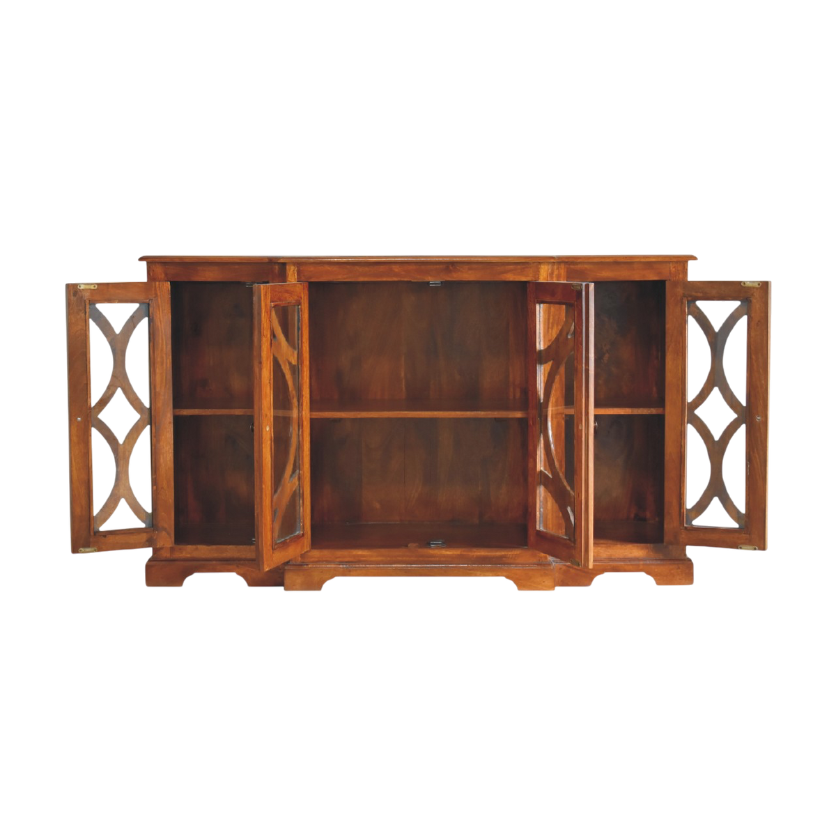 Sigtuna Glazed Sideboard in Chestnut, shown with the doors open.