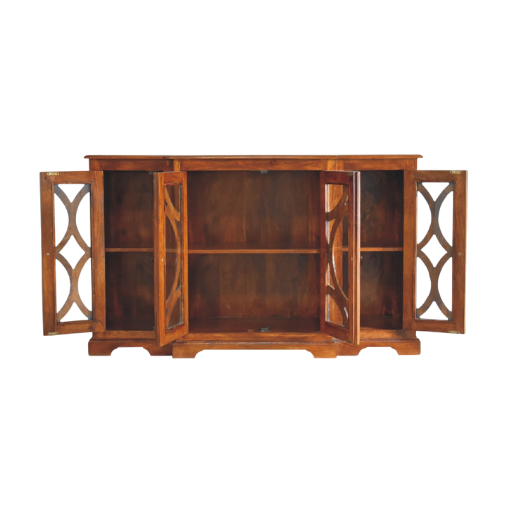Sigtuna Glazed Sideboard in Chestnut, shown with the doors open.