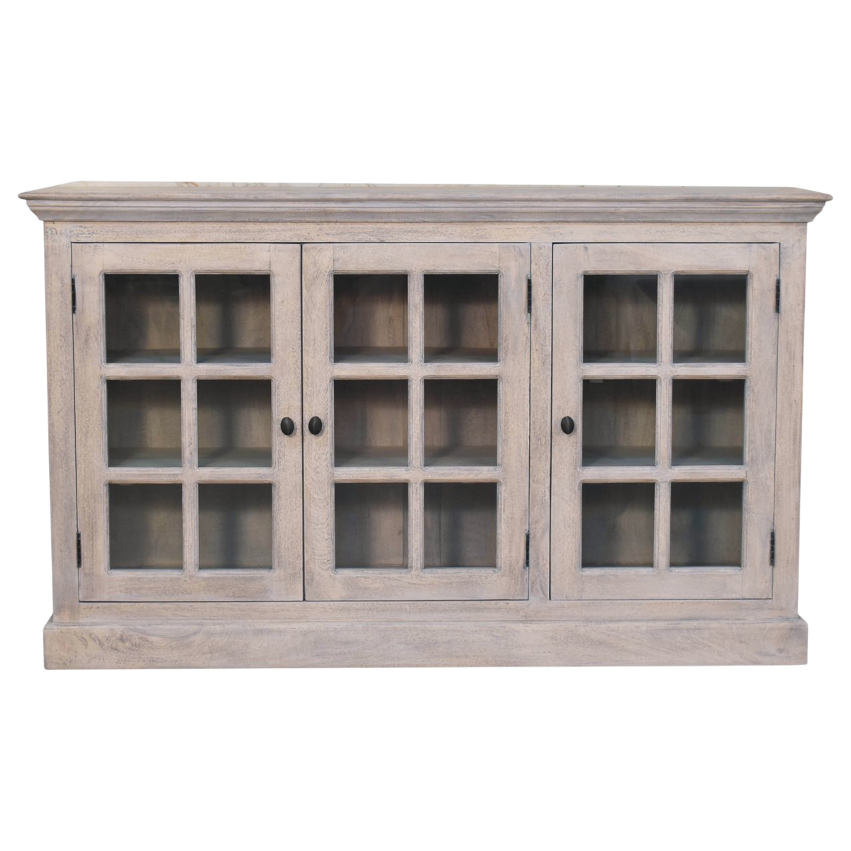 Sigtuna Glazed Sideboard in Stone, front view. Weathered acid-washed hardwood with three glazed doors.